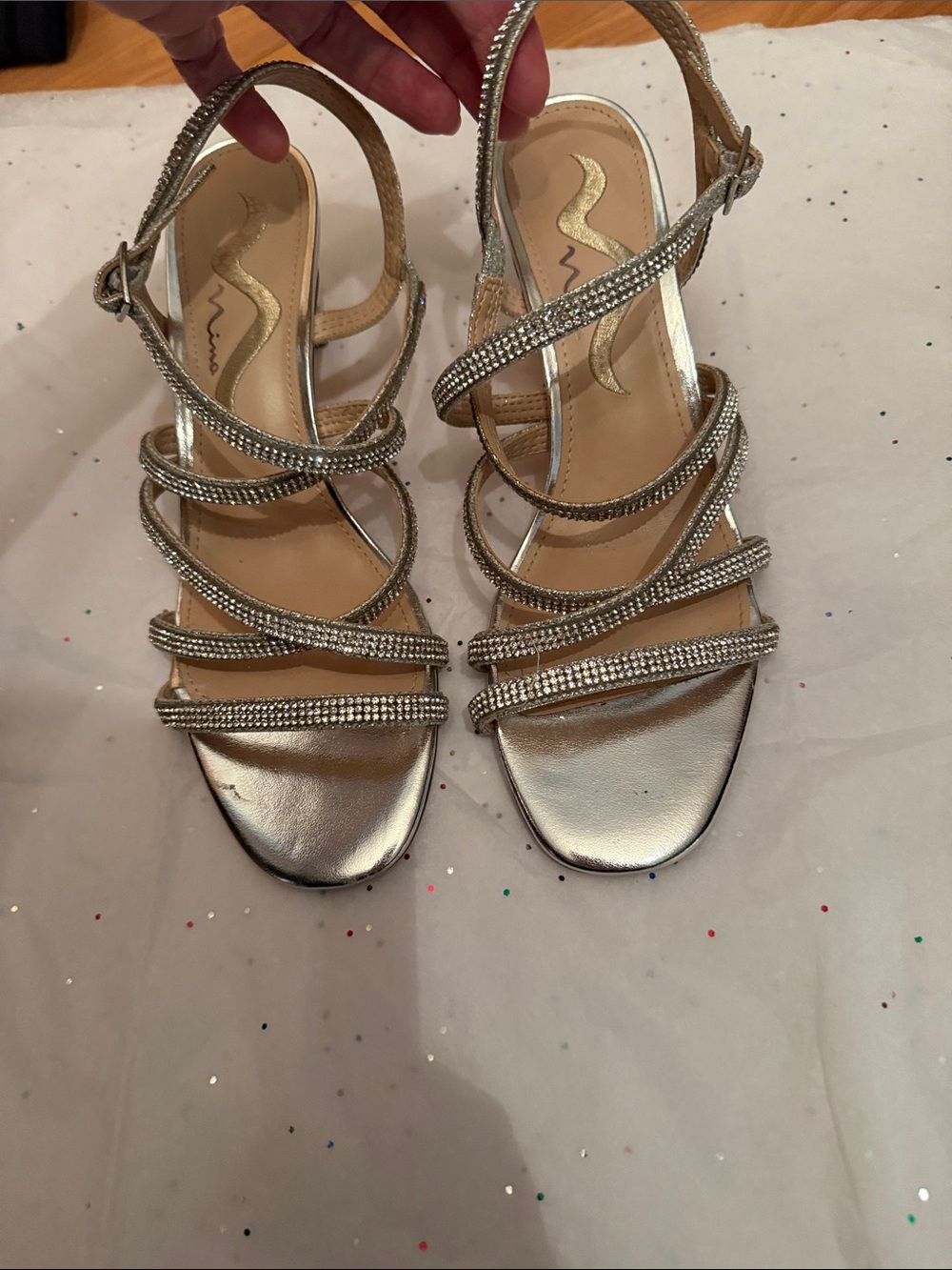 Nina Metallic Silver Strappy Heeled Sandals with Rhinestone Detailing